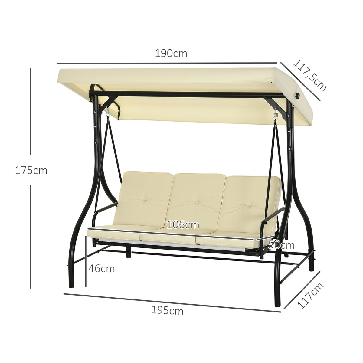 Outsuuny 2 in 1 Hollywood swing with reclining function, 3-seater garden swing with adjustable sun canopy, swing bench loads up to 240kg, garden lounger for garden, terrace, 195x117x175 cm, beige