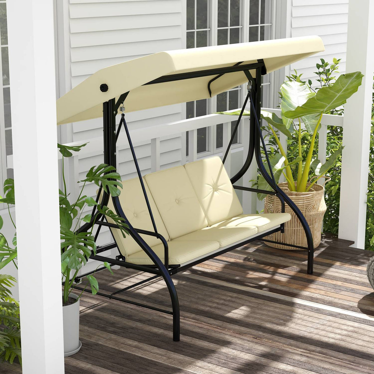 Outsuuny 2 in 1 Hollywood swing with reclining function, 3-seater garden swing with adjustable sun canopy, swing bench loads up to 240kg, garden lounger for garden, terrace, 195x117x175 cm, beige