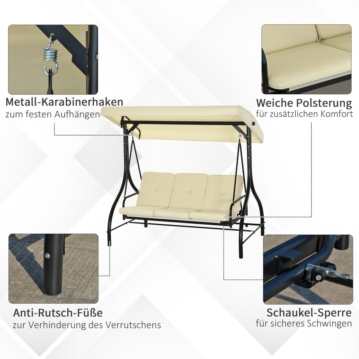 Outsuuny 2 in 1 Hollywood swing with reclining function, 3-seater garden swing with adjustable sun canopy, swing bench loads up to 240kg, garden lounger for garden, terrace, 195x117x175 cm, beige