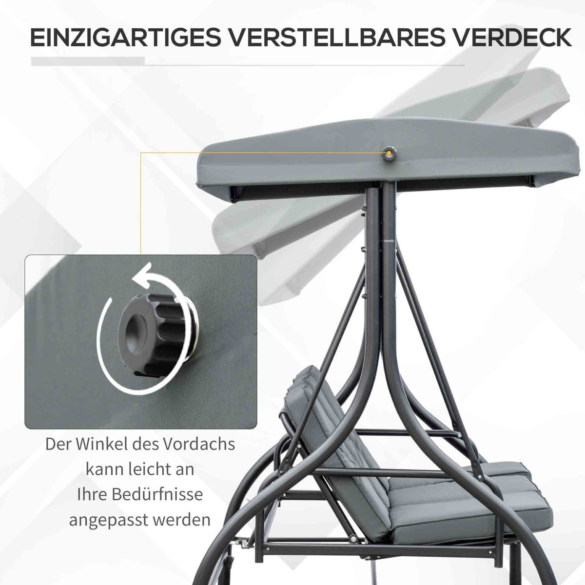 Outsuuny 2 in 1 Hollywood swing with reclining function, 3-seater garden swing with adjustable sun canopy, swing bench loads up to 240kg, garden lounger for garden, terrace, 195x117x175 cm, dark gray