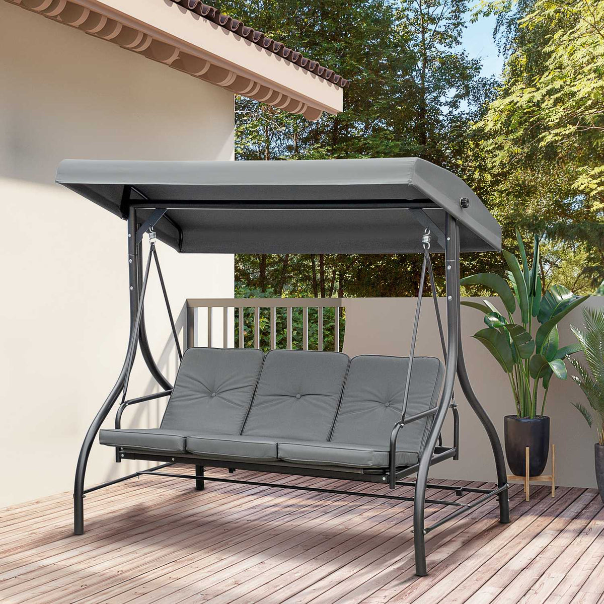 Outsuuny 2 in 1 Hollywood swing with reclining function, 3-seater garden swing with adjustable sun canopy, swing bench loads up to 240kg, garden lounger for garden, terrace, 195x117x175 cm, dark gray