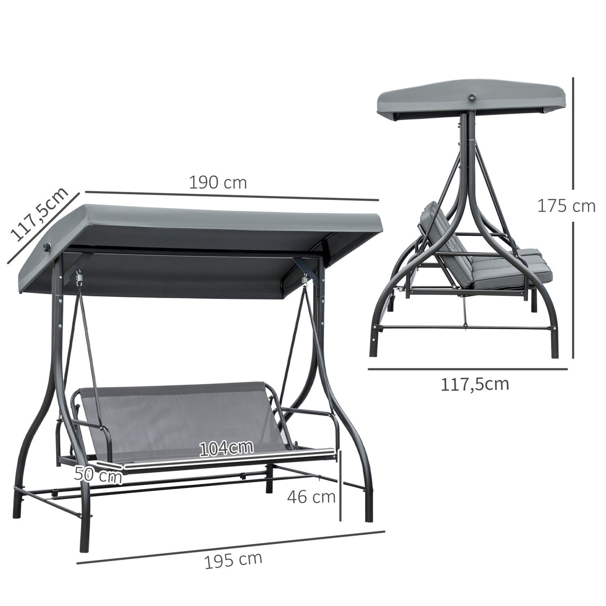 Outsuuny 2 in 1 Hollywood swing with reclining function, 3-seater garden swing with adjustable sun canopy, swing bench loads up to 240kg, garden lounger for garden, terrace, 195x117x175 cm, dark gray