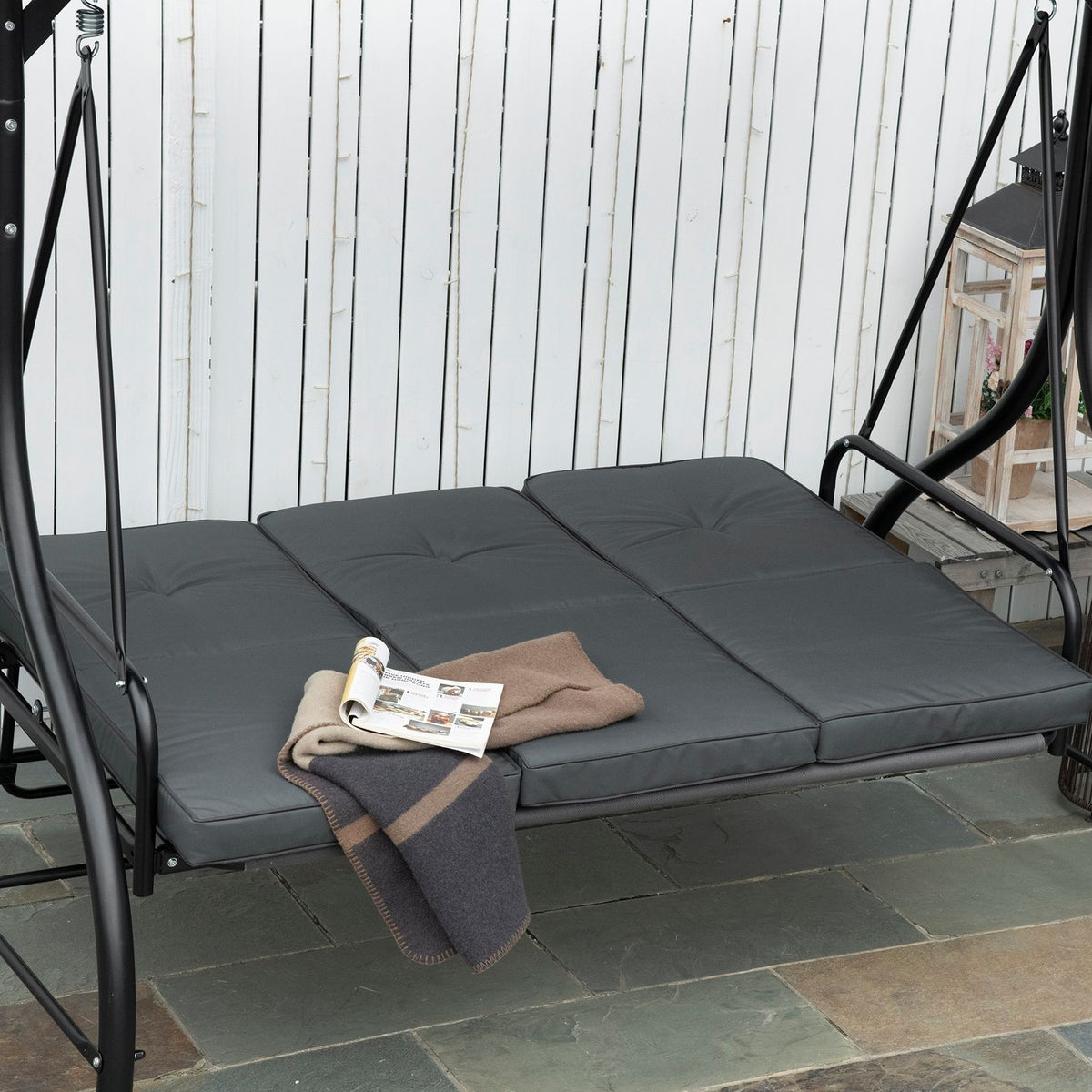 Outsuuny 2 in 1 Hollywood swing with reclining function, 3-seater garden swing with adjustable sun canopy, swing bench loads up to 240kg, garden lounger for garden, terrace, 195x117x175 cm, dark gray
