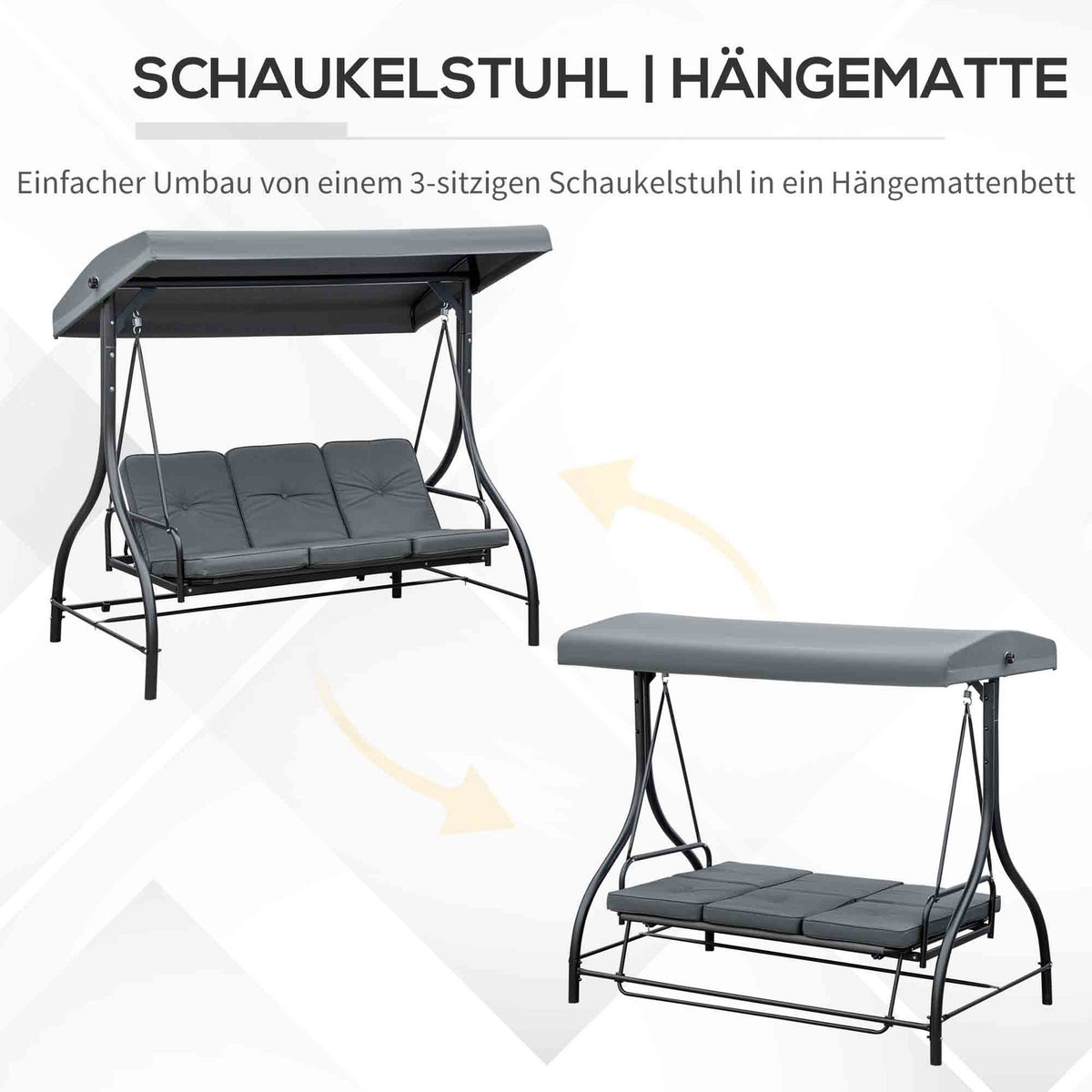 Outsuuny 2 in 1 Hollywood swing with reclining function, 3-seater garden swing with adjustable sun canopy, swing bench loads up to 240kg, garden lounger for garden, terrace, 195x117x175 cm, dark gray