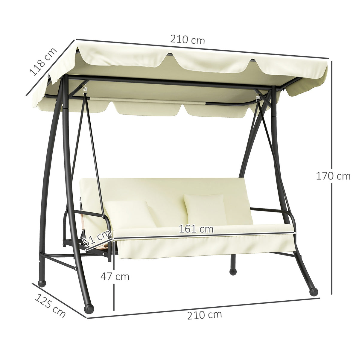 Outsuuny 2 in 1 Hollywood swing with reclining function, 3-seater garden swing with adjustable sun canopy, swing bench loads up to 240kg, garden lounger for garden, terrace, 200x125x170 cm, cream white