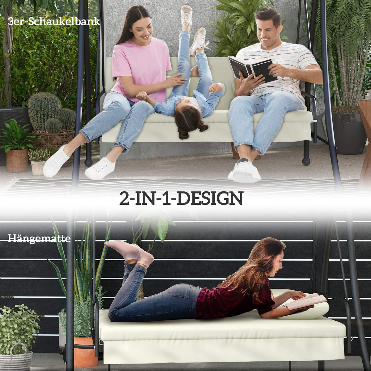 Outsuuny 2 in 1 Hollywood swing with reclining function, 3-seater garden swing with adjustable sun canopy, swing bench loads up to 240kg, garden lounger for garden, terrace, 200x125x170 cm, cream white