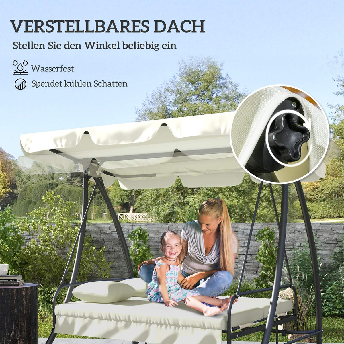 Outsuuny 2 in 1 Hollywood swing with reclining function, 3-seater garden swing with adjustable sun canopy, swing bench loads up to 240kg, garden lounger for garden, terrace, 200x125x170 cm, cream white