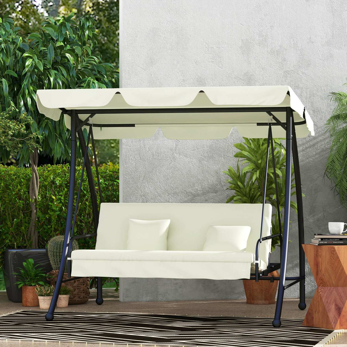 Outsuuny 2 in 1 Hollywood swing with reclining function, 3-seater garden swing with adjustable sun canopy, swing bench loads up to 240kg, garden lounger for garden, terrace, 200x125x170 cm, cream white