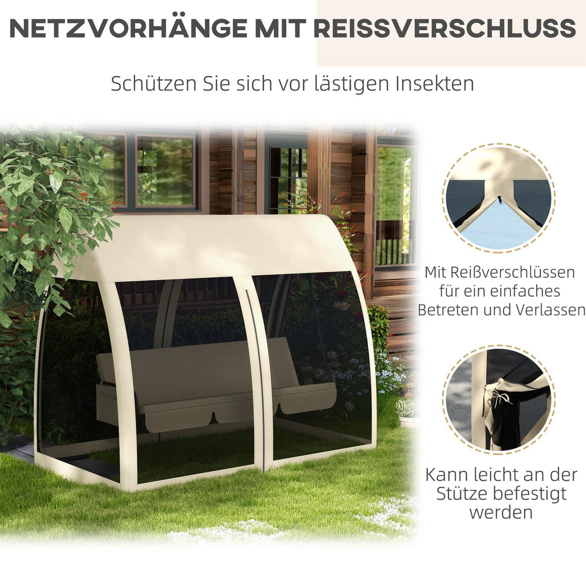 Outsuuny 2 in 1 Hollywood swing with reclining function, 3-seater garden swing with canopy, mosquito net, swing bench loads up to 300kg, garden lounger for garden, terrace, 240 x 140 x 197 cm, coffee