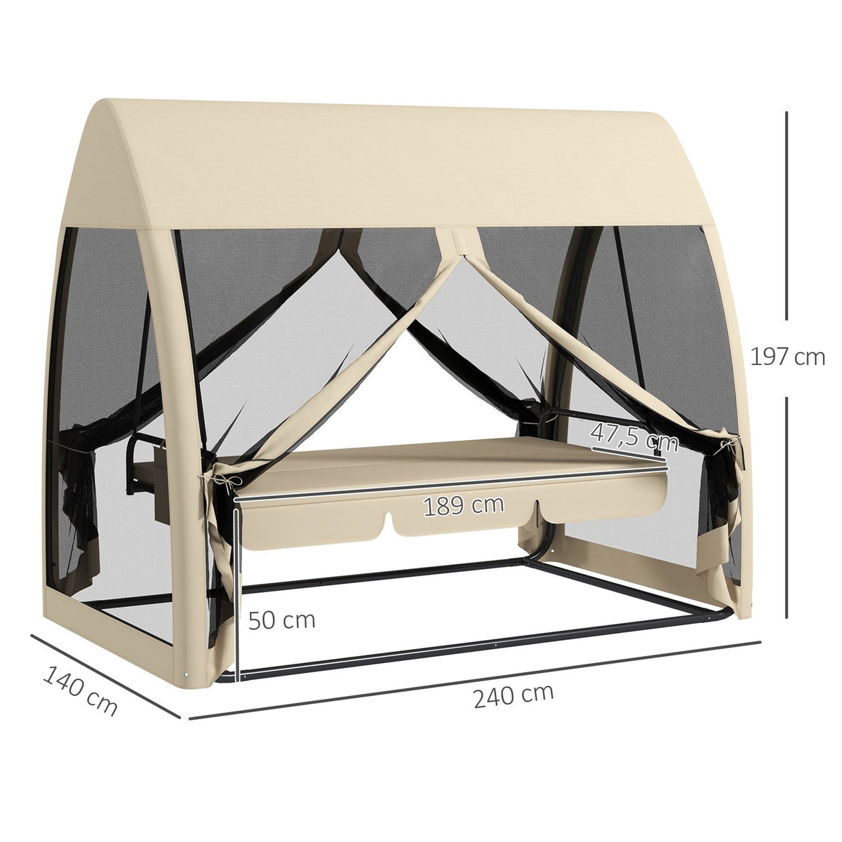 Outsuuny 2 in 1 Hollywood swing with reclining function, 3-seater garden swing with canopy, mosquito net, swing bench loads up to 300kg, garden lounger for garden, terrace, 240 x 140 x 197 cm, coffee