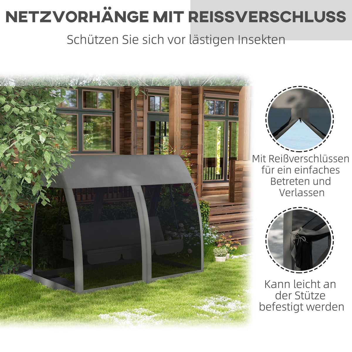 Outsuuny 2 in 1 Hollywood swing with reclining function, 3-seater garden swing with canopy, mosquito net, swing bench loads up to 300kg, garden lounger for garden, terrace, 240 x 140 x 197 cm, gray