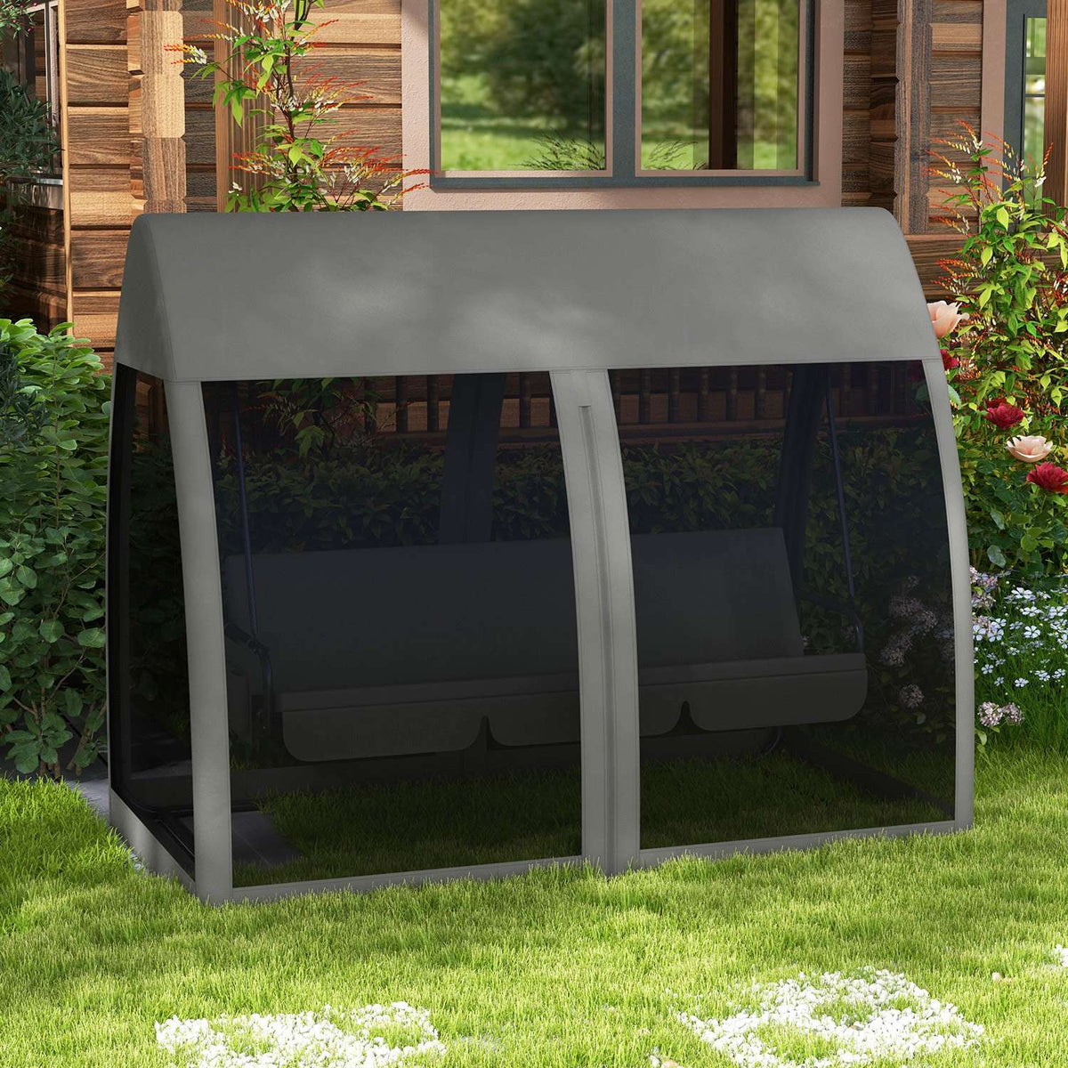 Outsuuny 2 in 1 Hollywood swing with reclining function, 3-seater garden swing with canopy, mosquito net, swing bench loads up to 300kg, garden lounger for garden, terrace, 240 x 140 x 197 cm, gray