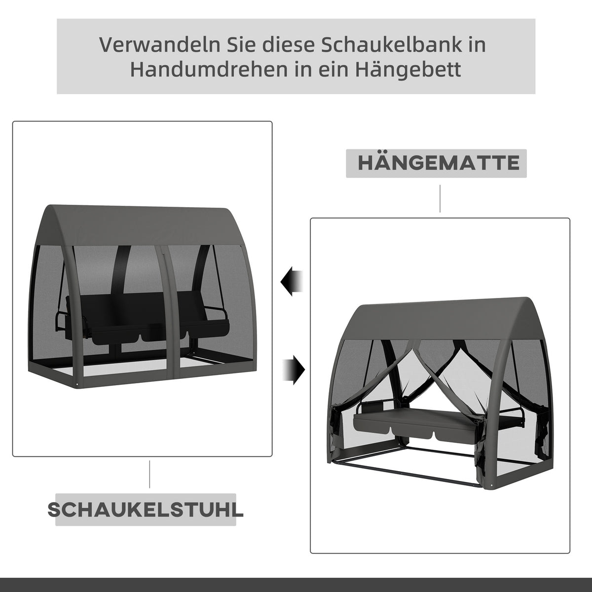 Outsuuny 2 in 1 Hollywood swing with reclining function, 3-seater garden swing with canopy, mosquito net, swing bench loads up to 300kg, garden lounger for garden, terrace, 240 x 140 x 197 cm, gray