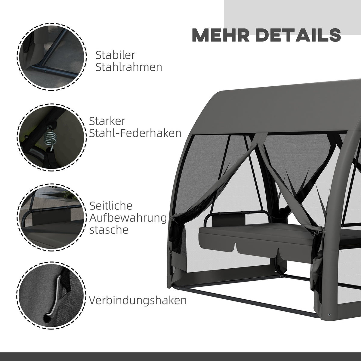 Outsuuny 2 in 1 Hollywood swing with reclining function, 3-seater garden swing with canopy, mosquito net, swing bench loads up to 300kg, garden lounger for garden, terrace, 240 x 140 x 197 cm, gray