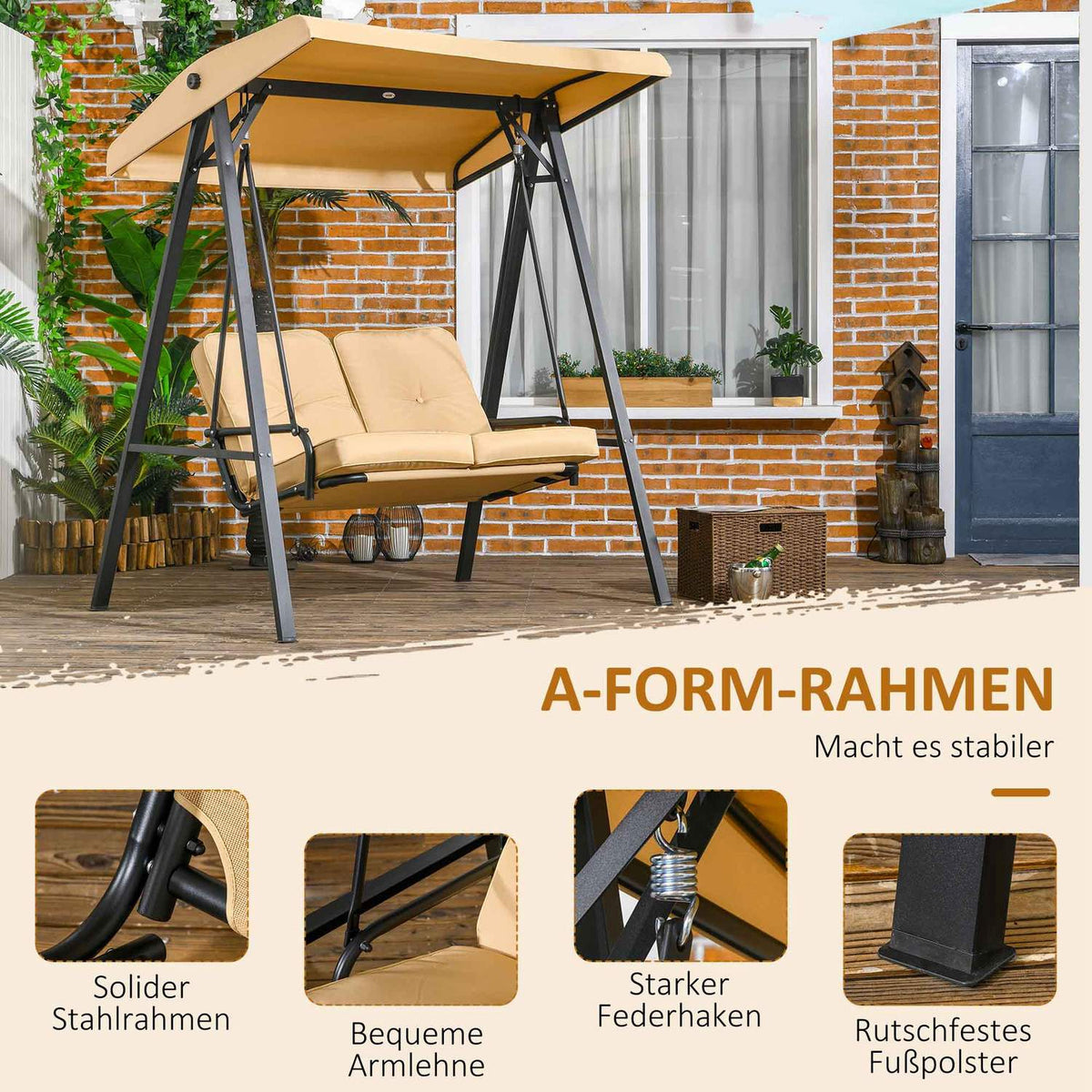 Outsuuny Hollywood swing 3-seater garden swing with adjustable sun canopy, swing bench loads up to 220kg, garden lounger for garden, terrace, 138 x 106 x 174 cm, beige
