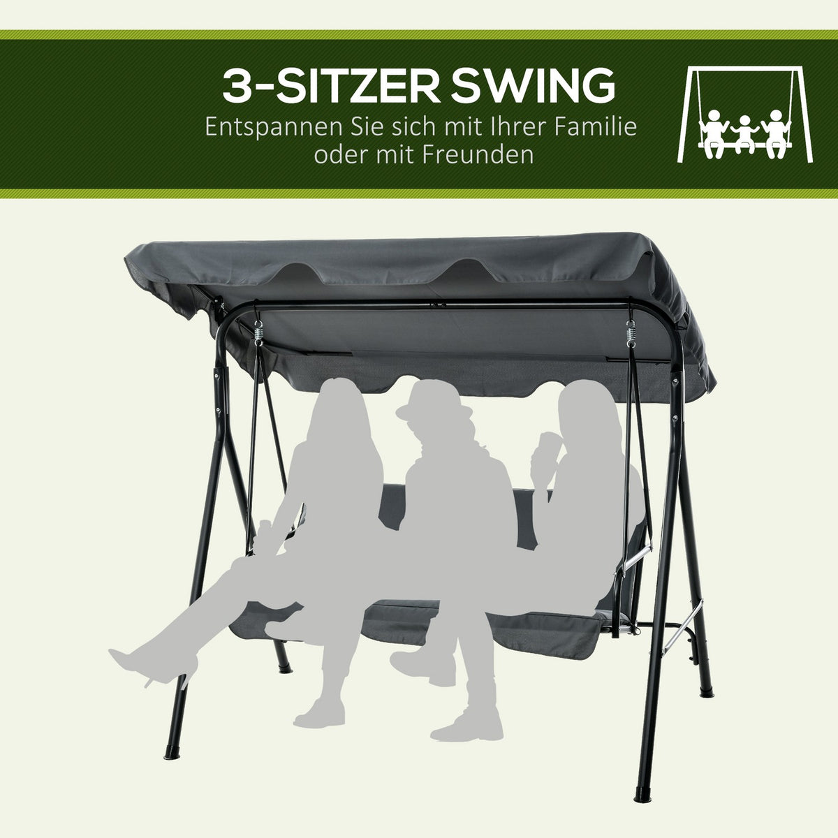 Outsuuny Hollywood swing with seat cushion, 3-seater garden swing with adjustable sun canopy, swing bench loads up to 240 kg, for garden, patio, 172 x 110 x 153 cm, gray