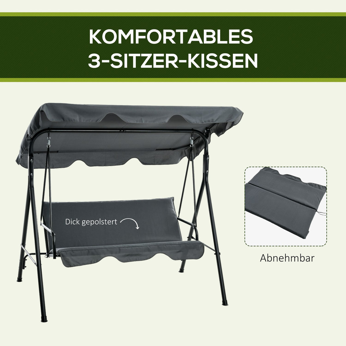Outsuuny Hollywood swing with seat cushion, 3-seater garden swing with adjustable sun canopy, swing bench loads up to 240 kg, for garden, patio, 172 x 110 x 153 cm, gray