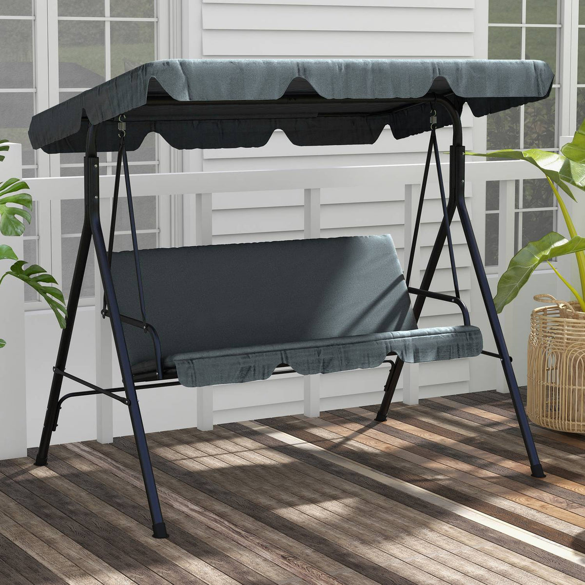 Outsuuny Hollywood swing with seat cushion, 3-seater garden swing with adjustable sun canopy, swing bench loads up to 240 kg, for garden, patio, 172 x 110 x 153 cm, gray