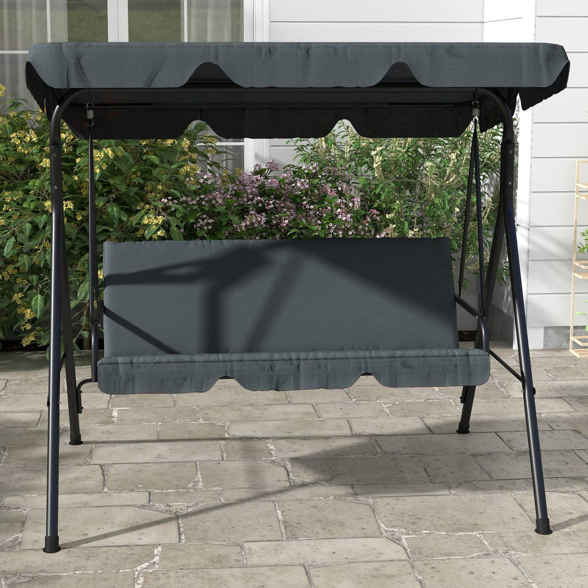 Outsuuny Hollywood swing with seat cushion, 3-seater garden swing with adjustable sun canopy, swing bench loads up to 240 kg, for garden, patio, 172 x 110 x 153 cm, gray