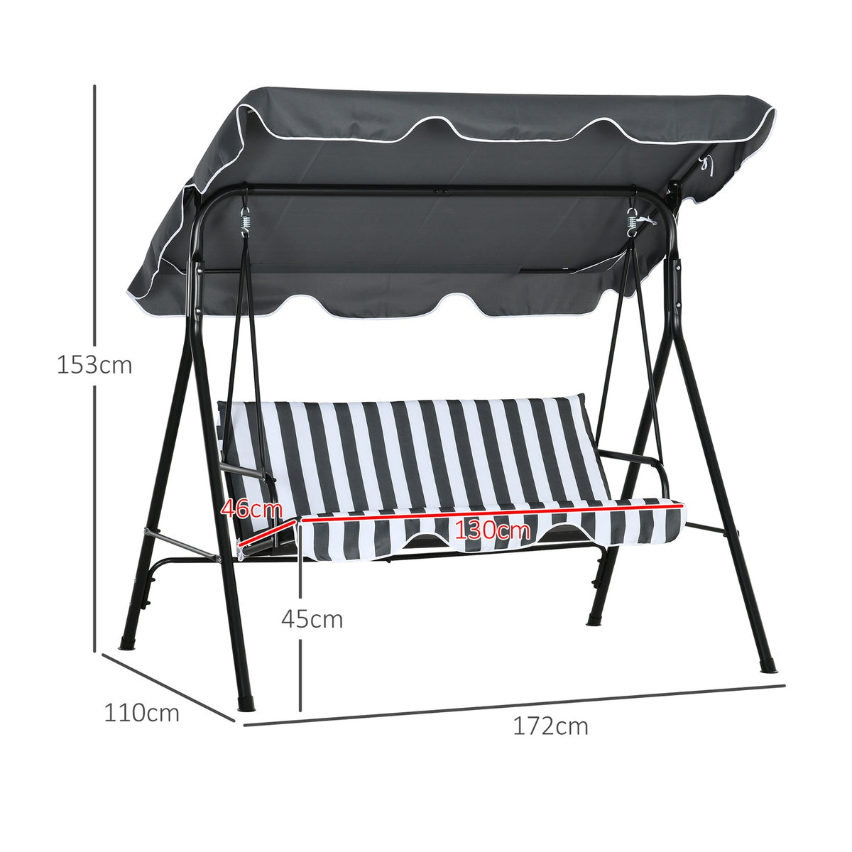 Outsuuny Hollywood swing with seat cushion, 3-seater garden swing with adjustable sun canopy, swing bench loads up to 240 kg, for garden, terrace, 172 x 110 x 153 cm, gray + white
