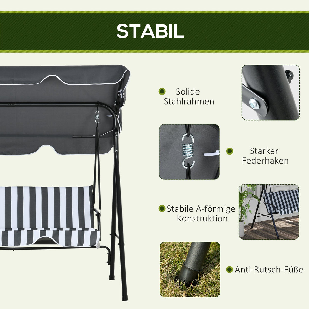 Outsuuny Hollywood swing with seat cushion, 3-seater garden swing with adjustable sun canopy, swing bench loads up to 240 kg, for garden, terrace, 172 x 110 x 153 cm, gray + white