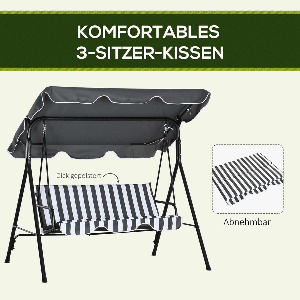 Outsuuny Hollywood swing with seat cushion, 3-seater garden swing with adjustable sun canopy, swing bench loads up to 240 kg, for garden, terrace, 172 x 110 x 153 cm, gray + white