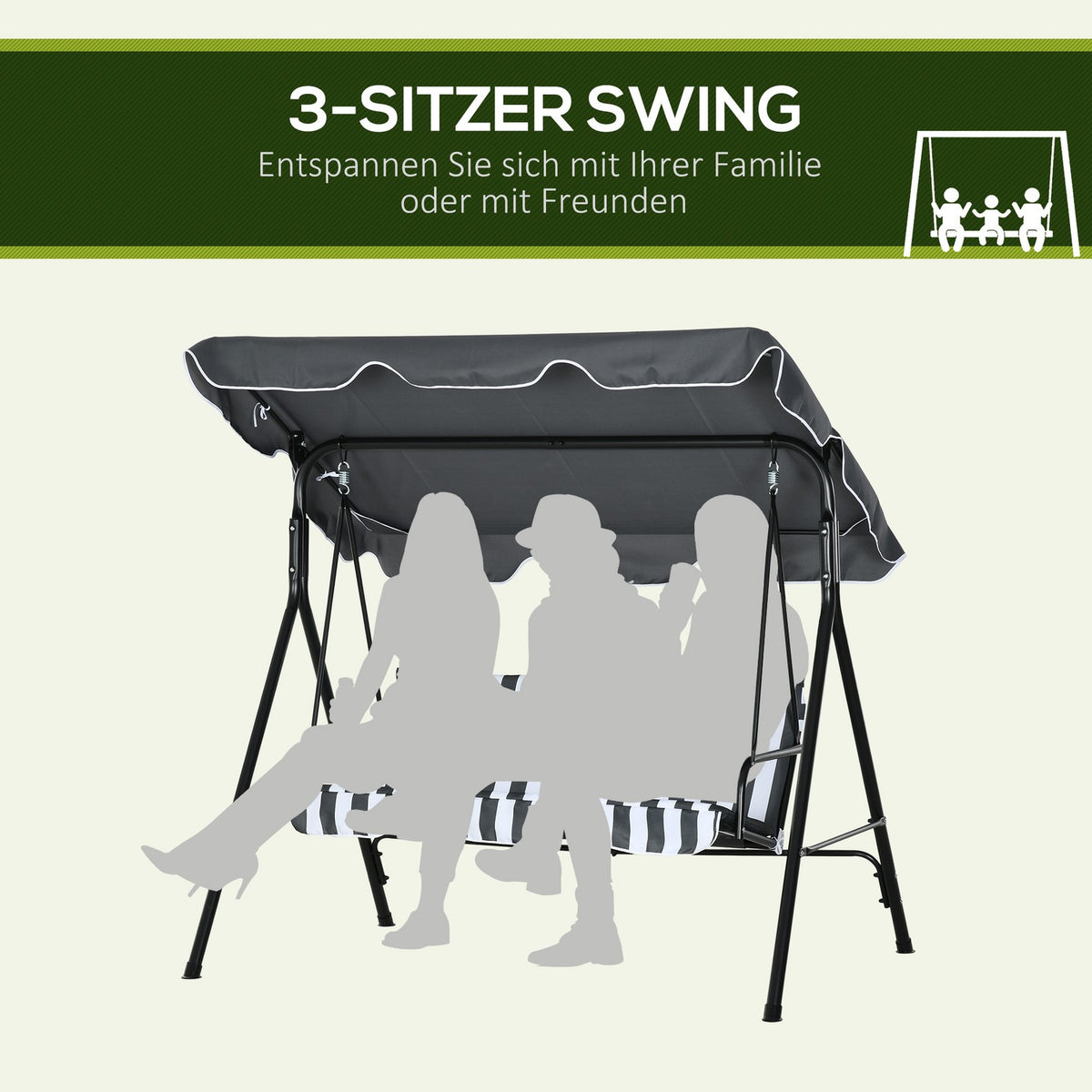 Outsuuny Hollywood swing with seat cushion, 3-seater garden swing with adjustable sun canopy, swing bench loads up to 240 kg, for garden, terrace, 172 x 110 x 153 cm, gray + white