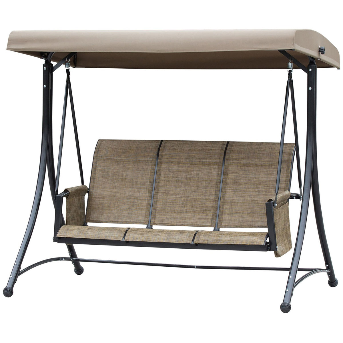 Outsuuny Hollywood swing with side pocket, 3-seater garden swing with adjustable sun canopy, swing bench loads up to 300kg, for garden, terrace, 196 x 128 x 172 cm, brown