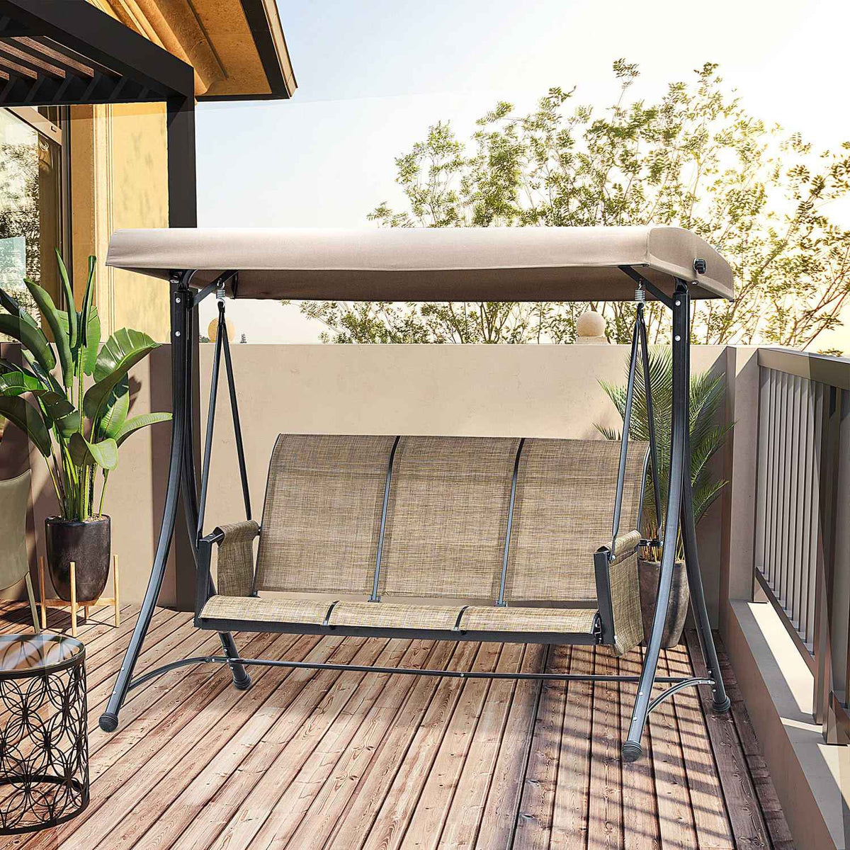 Outsuuny Hollywood swing with side pocket, 3-seater garden swing with adjustable sun canopy, swing bench loads up to 300kg, for garden, terrace, 196 x 128 x 172 cm, brown