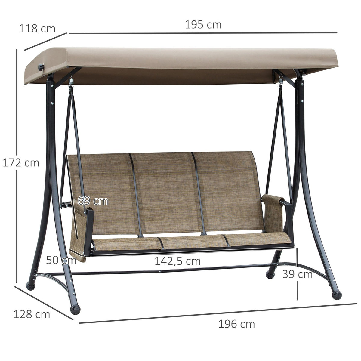 Outsuuny Hollywood swing with side pocket, 3-seater garden swing with adjustable sun canopy, swing bench loads up to 300kg, for garden, terrace, 196 x 128 x 172 cm, brown