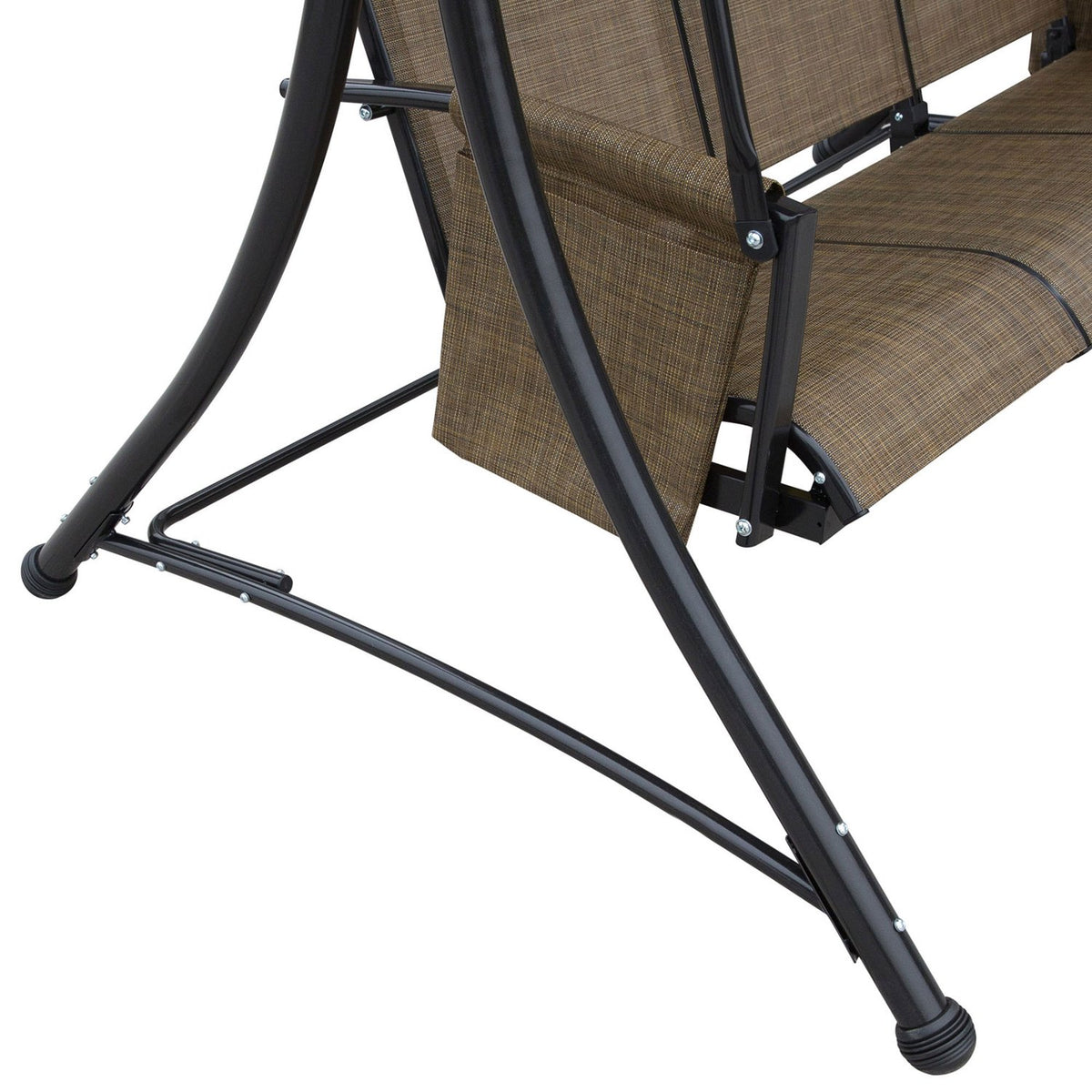 Outsuuny Hollywood swing with side pocket, 3-seater garden swing with adjustable sun canopy, swing bench loads up to 300kg, for garden, terrace, 196 x 128 x 172 cm, brown