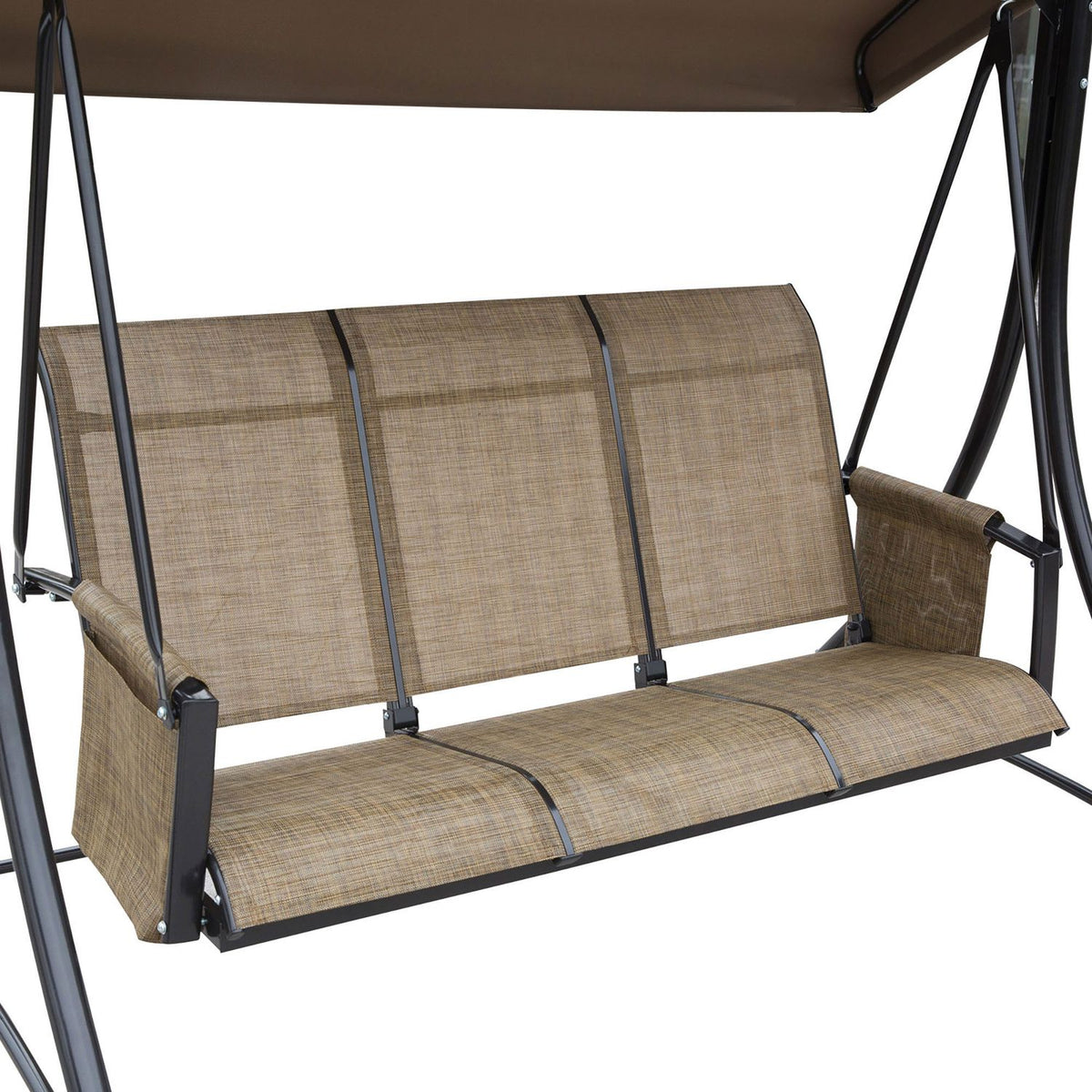 Outsuuny Hollywood swing with side pocket, 3-seater garden swing with adjustable sun canopy, swing bench loads up to 300kg, for garden, terrace, 196 x 128 x 172 cm, brown