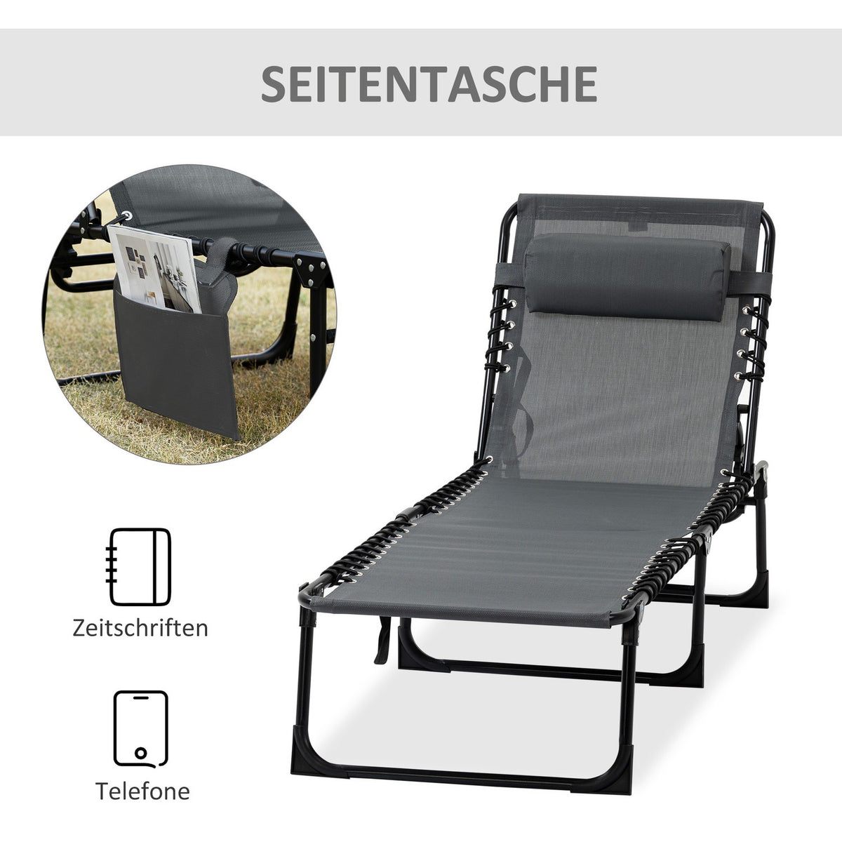 Outsuuny folding sun lounger garden lounger with pillow, side pocket, deck chair with 5-way adjustable backrest, weatherproof camping lounger can hold up to 120 kg, for garden beach pool, gray