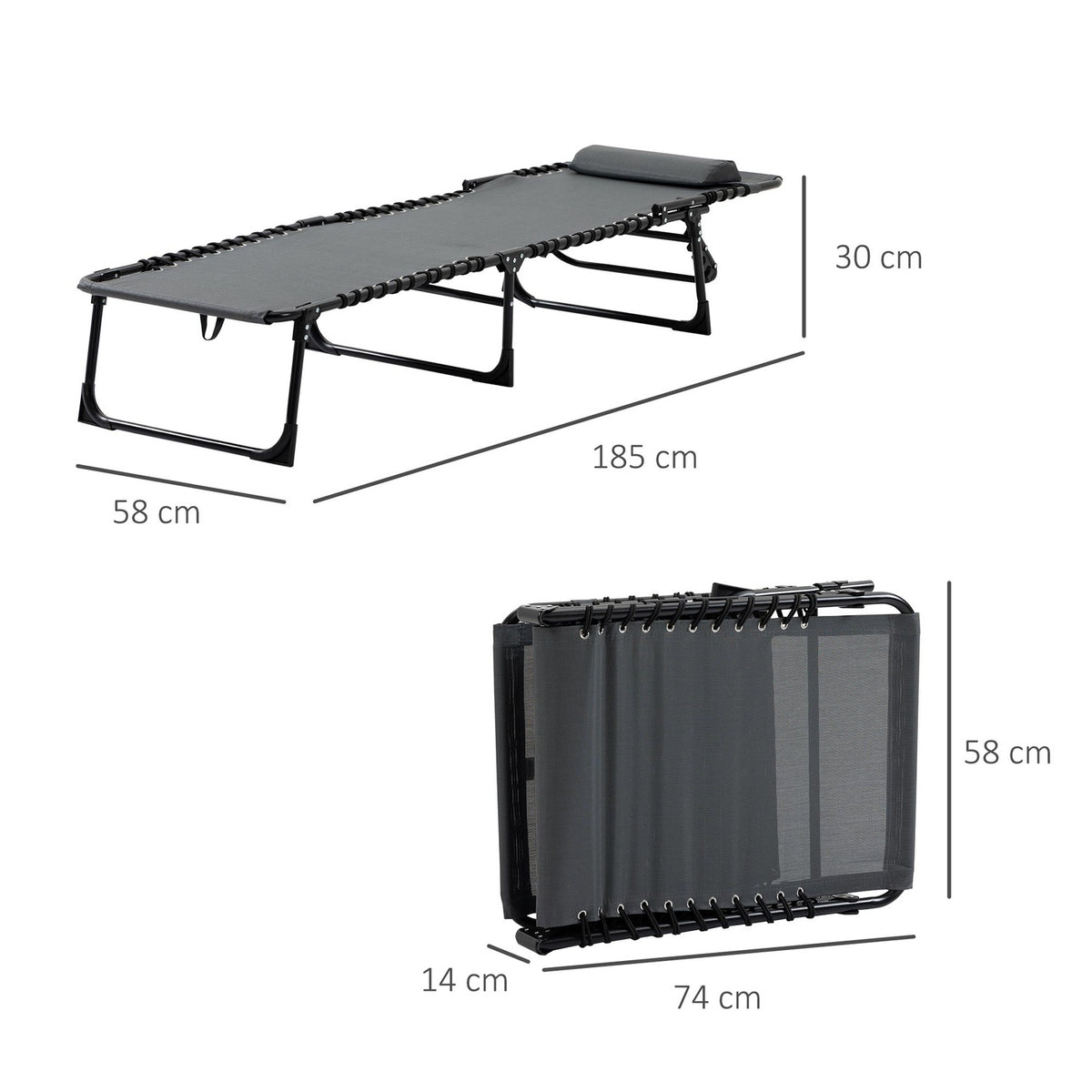 Outsuuny folding sun lounger garden lounger with pillow, side pocket, deck chair with 5-way adjustable backrest, weatherproof camping lounger can hold up to 120 kg, for garden beach pool, gray