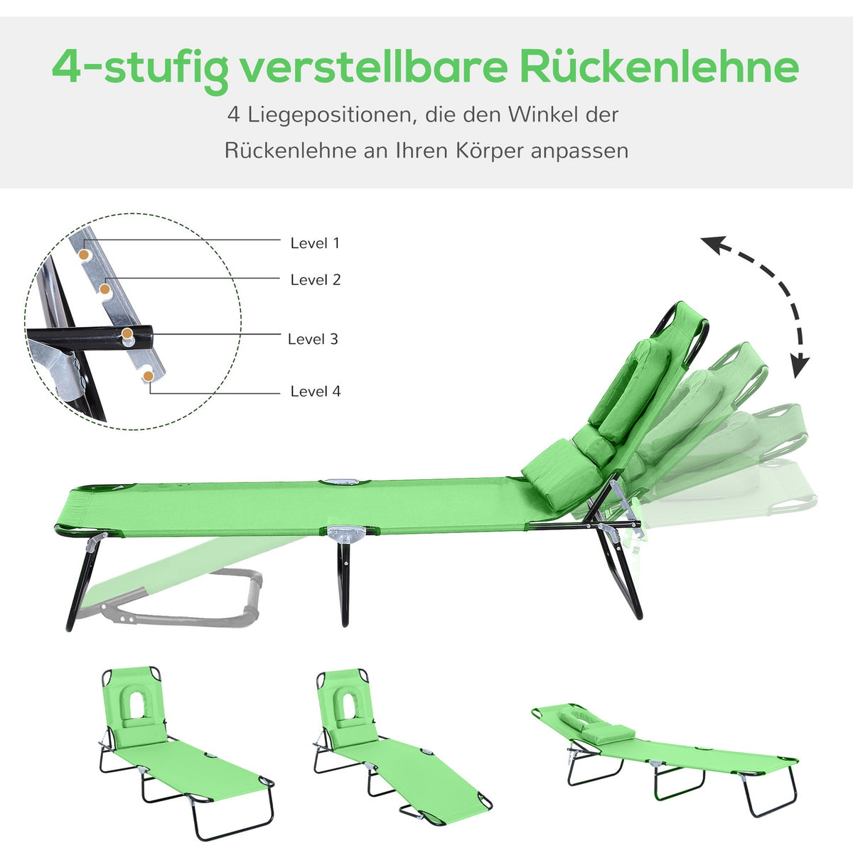 Outsuuny folding sun lounger garden lounger with reading window, pillow, deck chair with 4-way adjustable backrest, weatherproof camping lounger can hold up to 120 kg, for garden beach pool, green