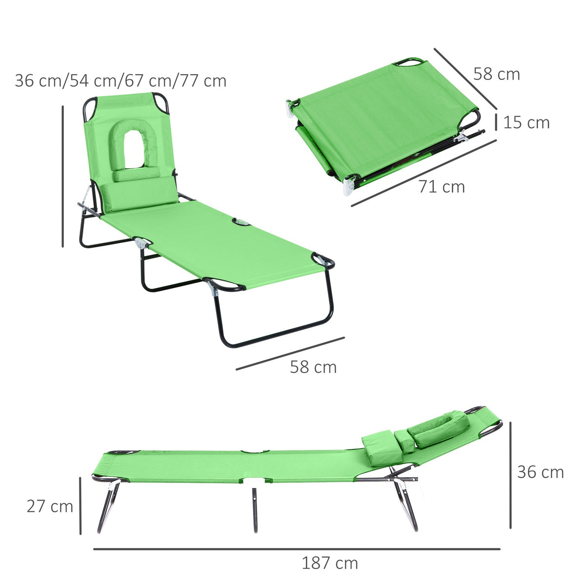 Outsuuny folding sun lounger garden lounger with reading window, pillow, deck chair with 4-way adjustable backrest, weatherproof camping lounger can hold up to 120 kg, for garden beach pool, green
