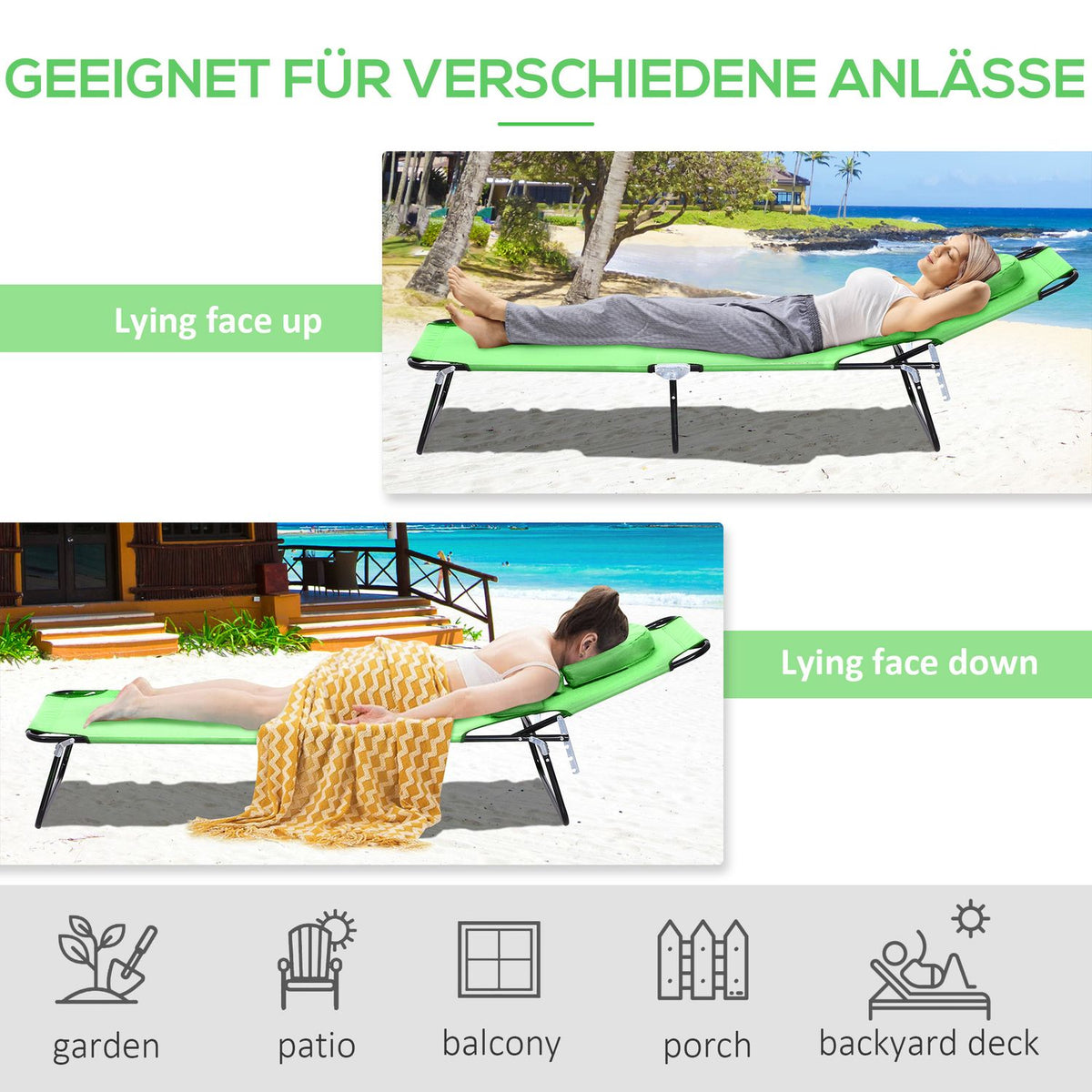Outsuuny folding sun lounger garden lounger with reading window, pillow, deck chair with 4-way adjustable backrest, weatherproof camping lounger can hold up to 120 kg, for garden beach pool, green