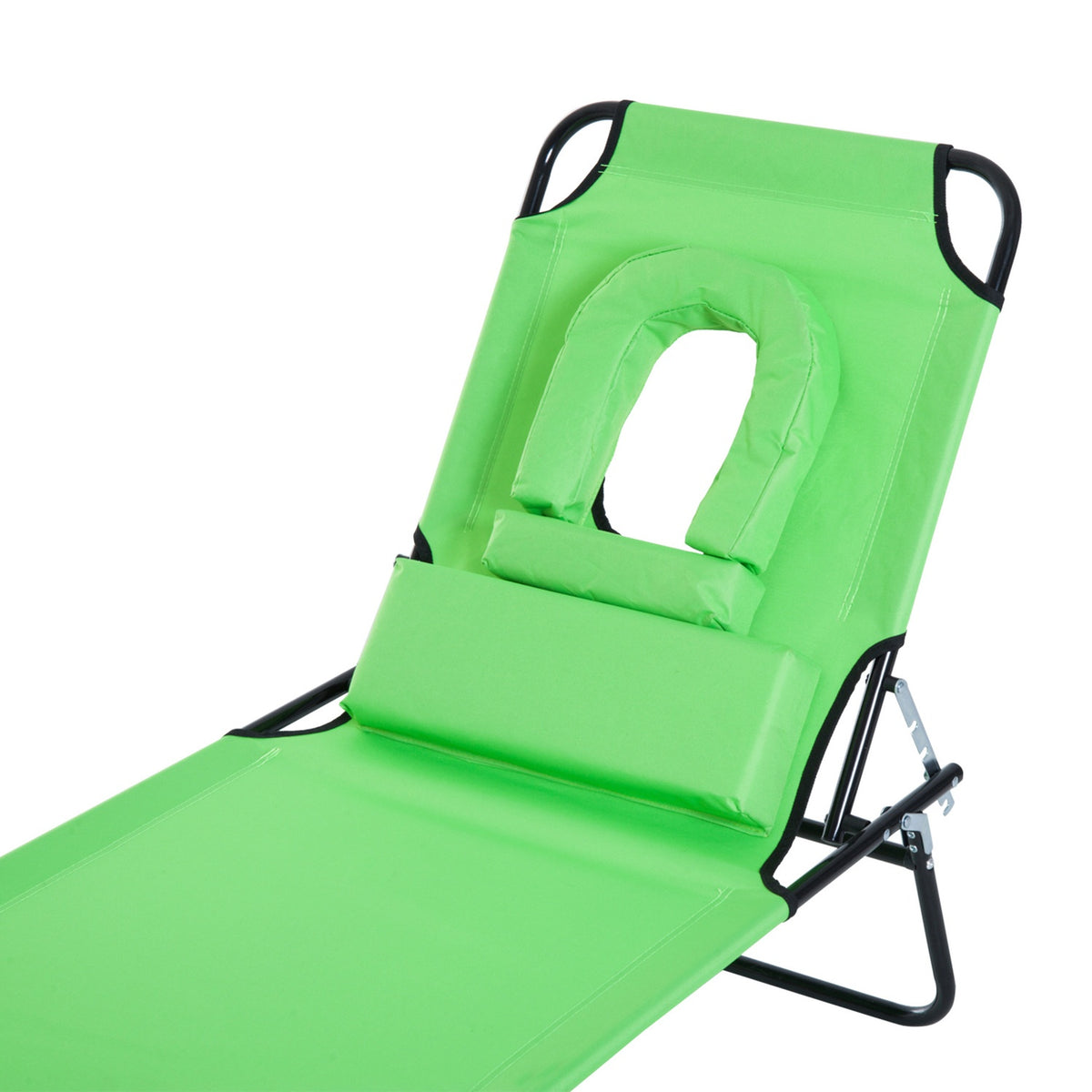Outsuuny folding sun lounger garden lounger with reading window, pillow, deck chair with 4-way adjustable backrest, weatherproof camping lounger can hold up to 120 kg, for garden beach pool, green