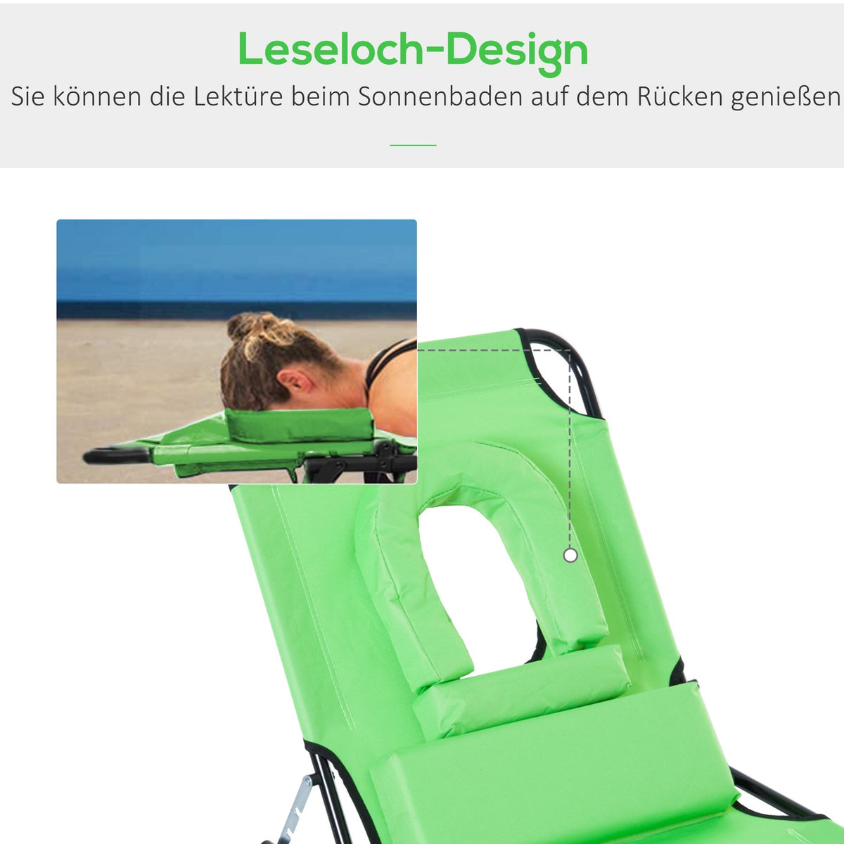 Outsuuny folding sun lounger garden lounger with reading window, pillow, deck chair with 4-way adjustable backrest, weatherproof camping lounger can hold up to 120 kg, for garden beach pool, green