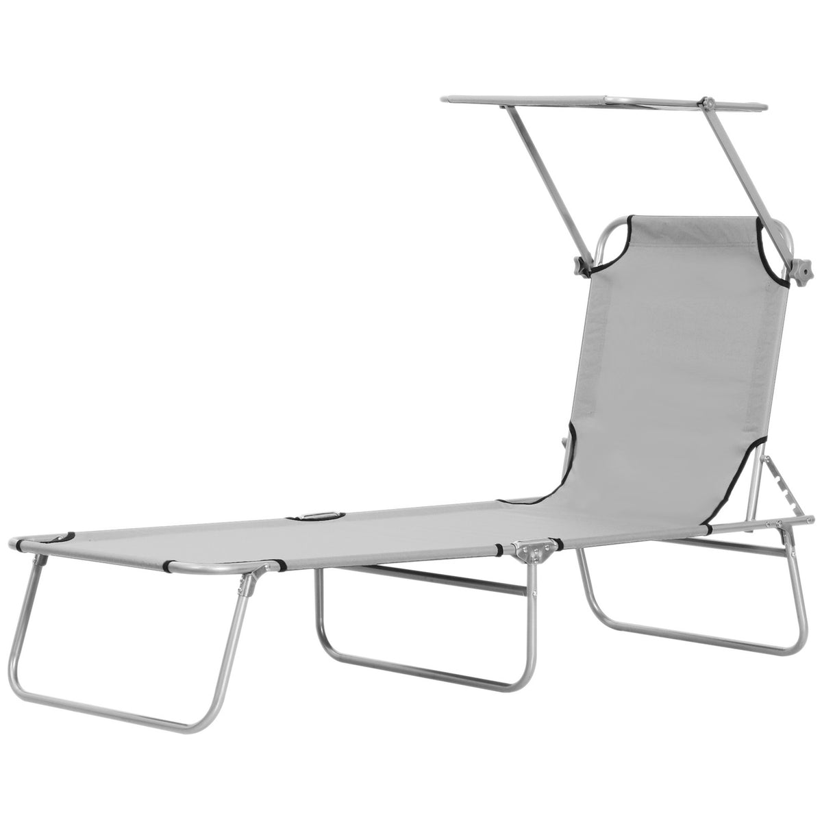 Outsuuny sun lounger folding garden lounger with roof, deck chair with 4-way adjustable backrest, weatherproof camping lounger can hold up to 120 kg, for garden beach pool, light gray