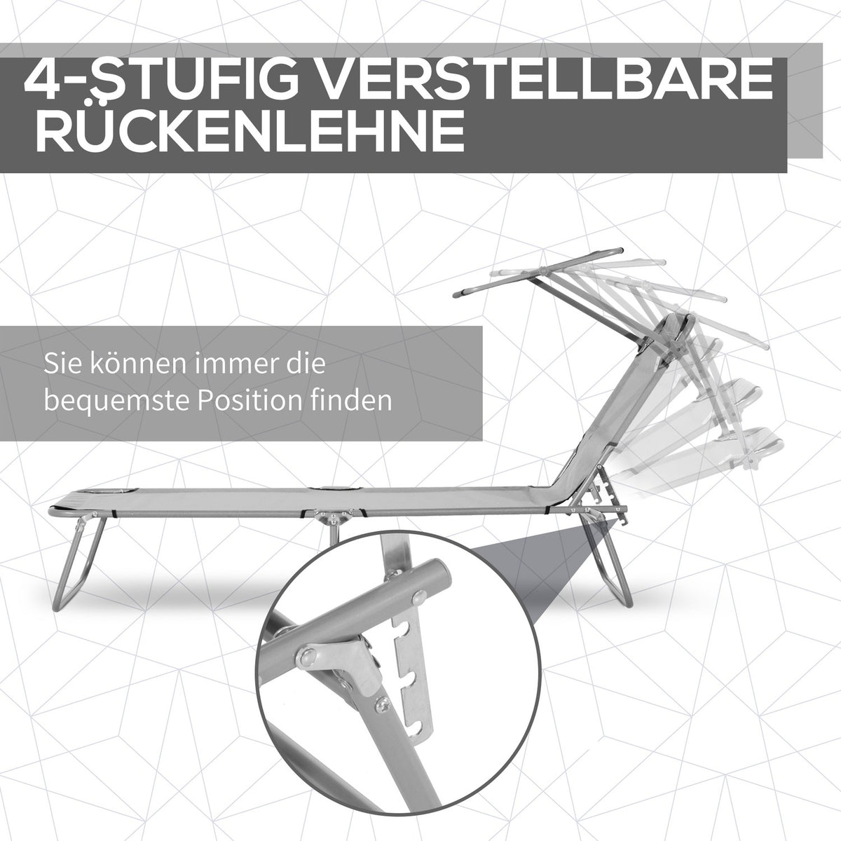 Outsuuny sun lounger folding garden lounger with roof, deck chair with 4-way adjustable backrest, weatherproof camping lounger can hold up to 120 kg, for garden beach pool, light gray