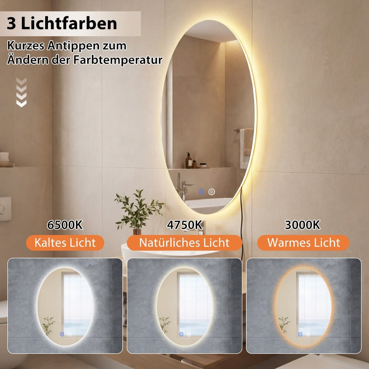 Oval Bathroom Mirror 70x50 cm, LED, Anti-Fog, Dimmable