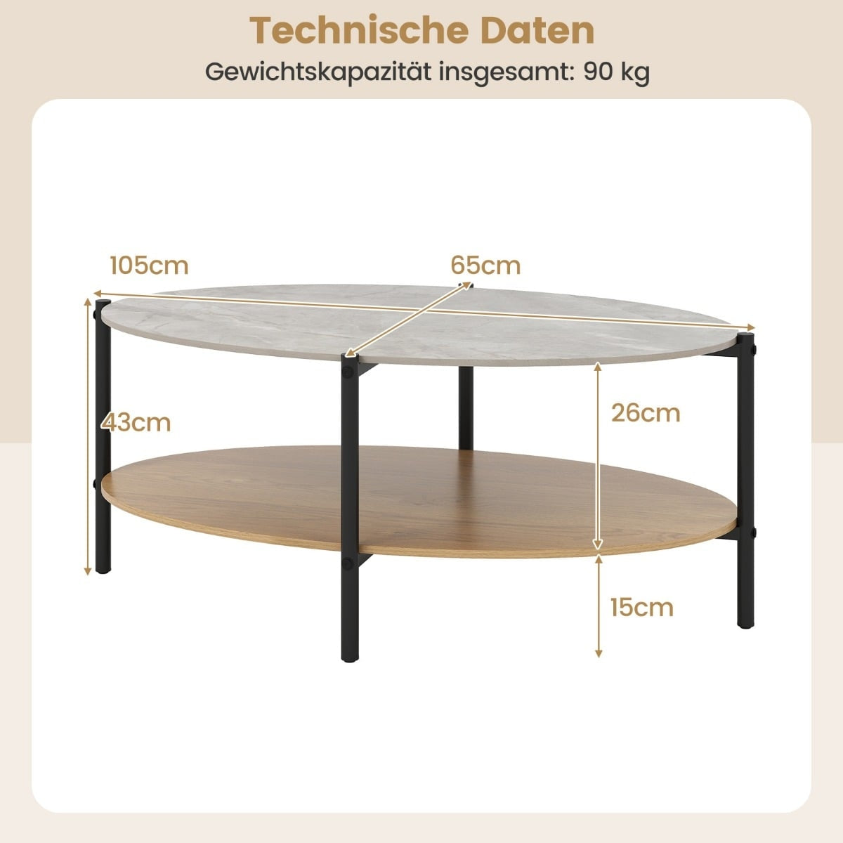 Oval Coffee Table, Marble Look, Metal Frame, 2-Tier, 105x65x43 cm