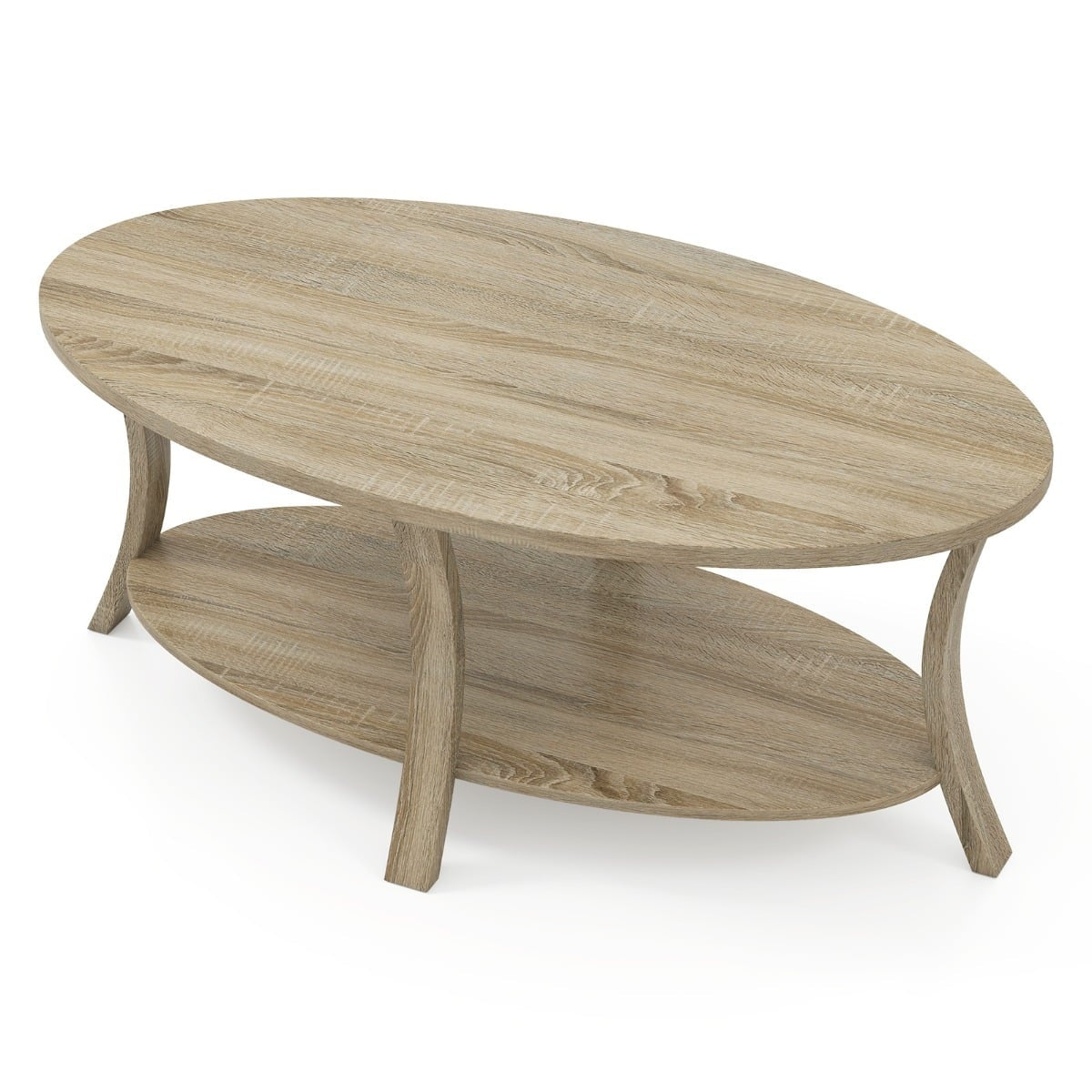 Oval Coffee Table with Shelf, 2-Tier Rubberwood Design
