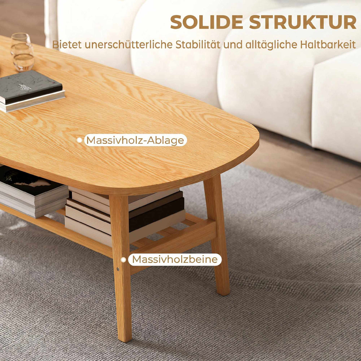 Oval Coffee Table with Shelf, Natural Wood, 120x60x42 cm