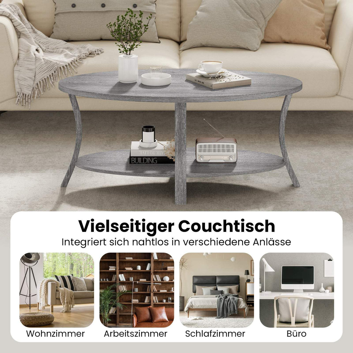 Oval Coffee Table with Shelf, Rubberwood, 2-Tier, Gray