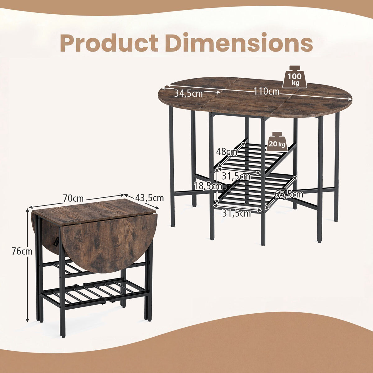 Oval Folding Dining Table with Shelves, Metal Frame, Brown