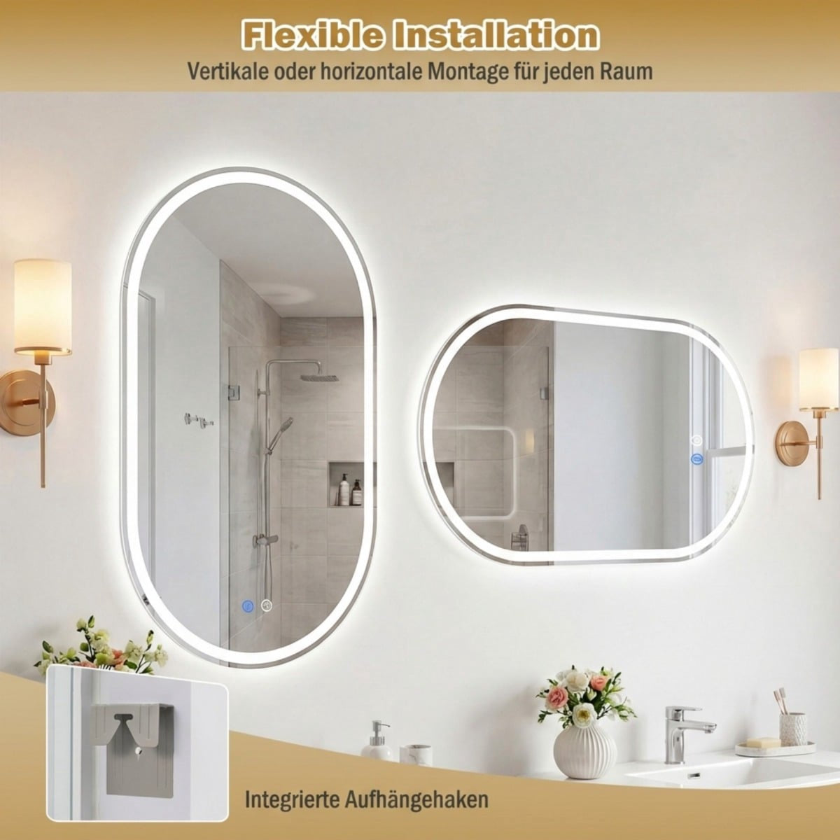Oval LED Bathroom Mirror, 90x55 cm, Anti-Fog, Dimmable