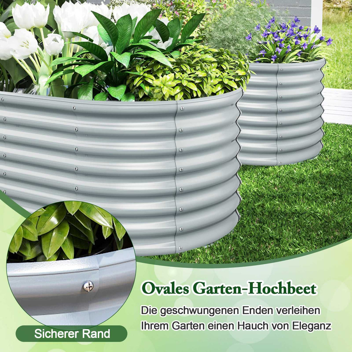 Oval Metal Raised Garden Bed, Open Base, 165x80x60 cm