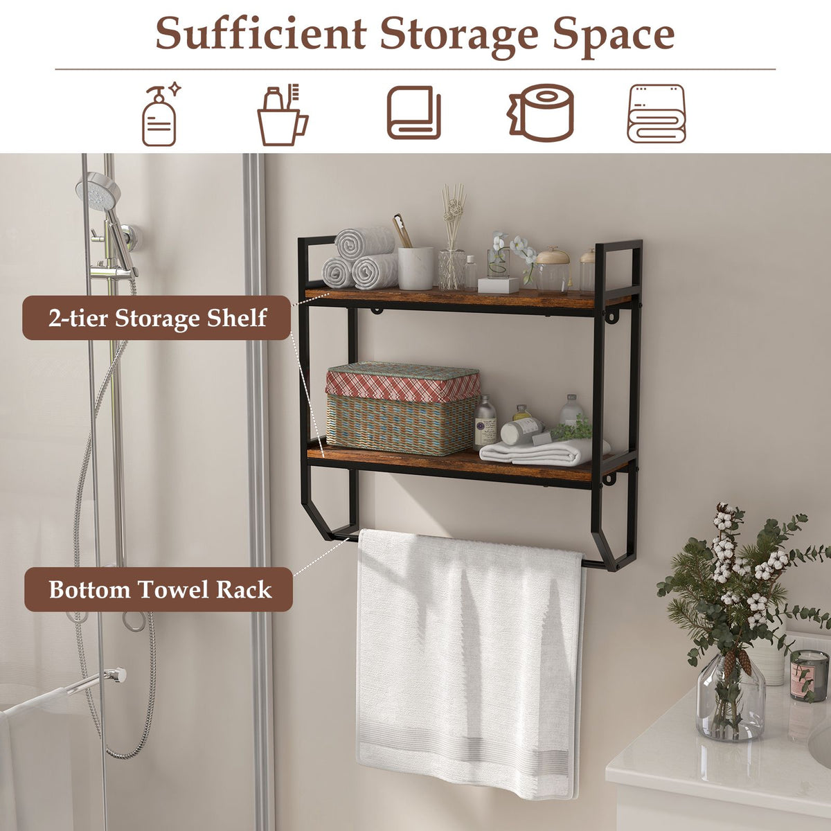 Over-The-Toilet Wall Shelf, 2-Tier With Towel Bar